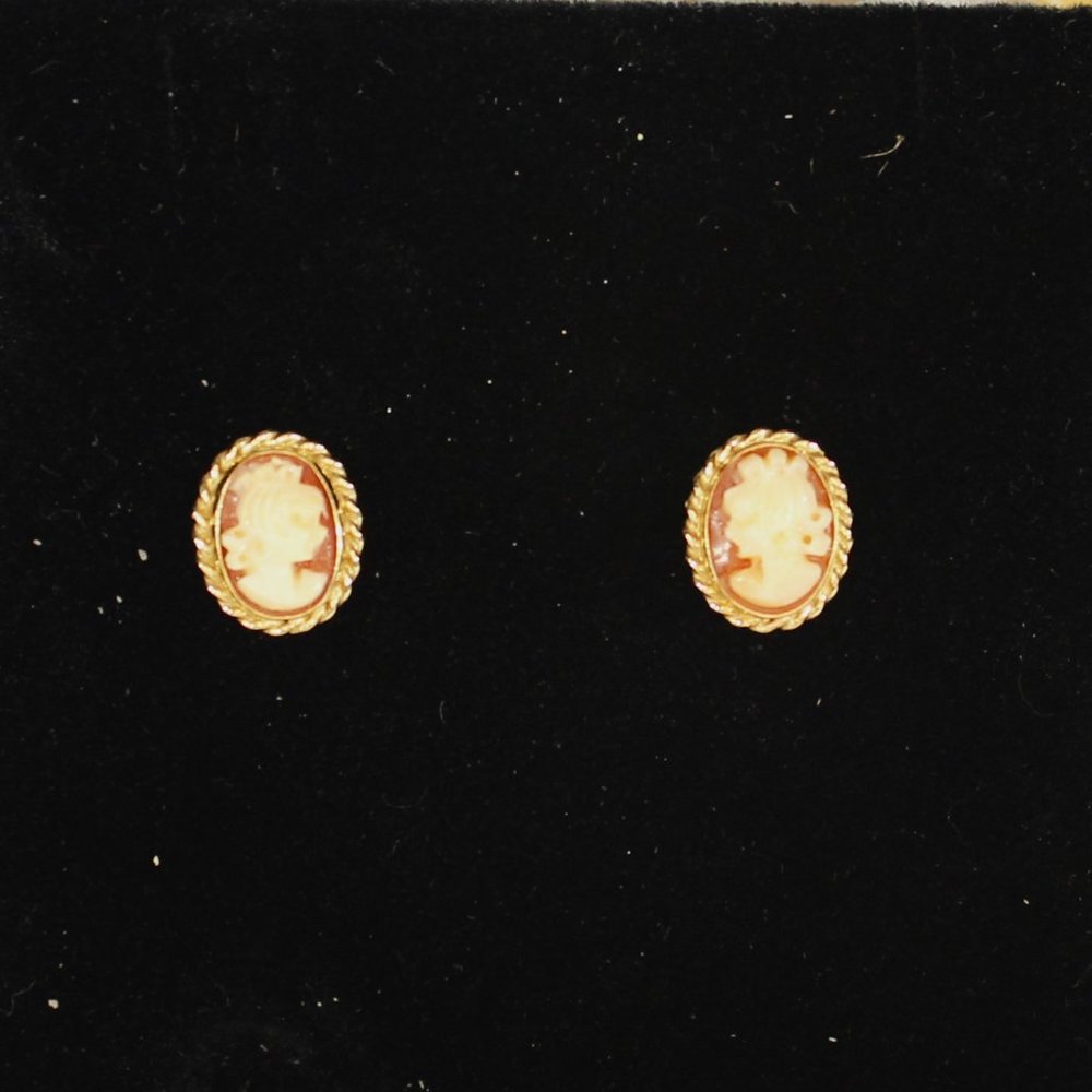 Carnelian and Shell Carved Cameo Earrings in 14K Gold Setting